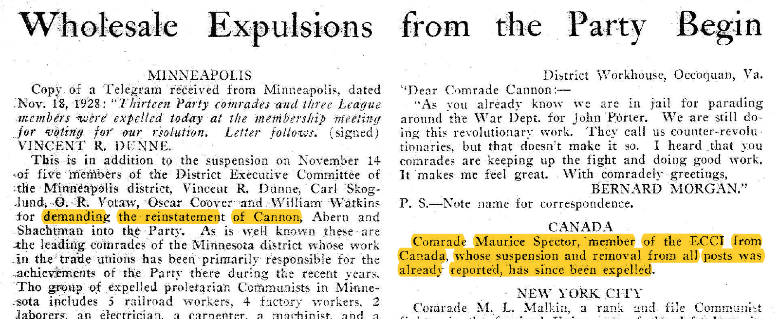 Coupure de journal: Wholesale Expulsions from the Party Begins
